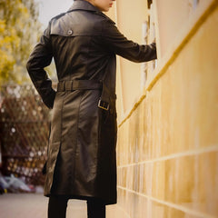 Women 's Double Breasted Black Leather Trench Coat