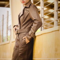 Women 's Double Breasted Brown Leather Trench Coat