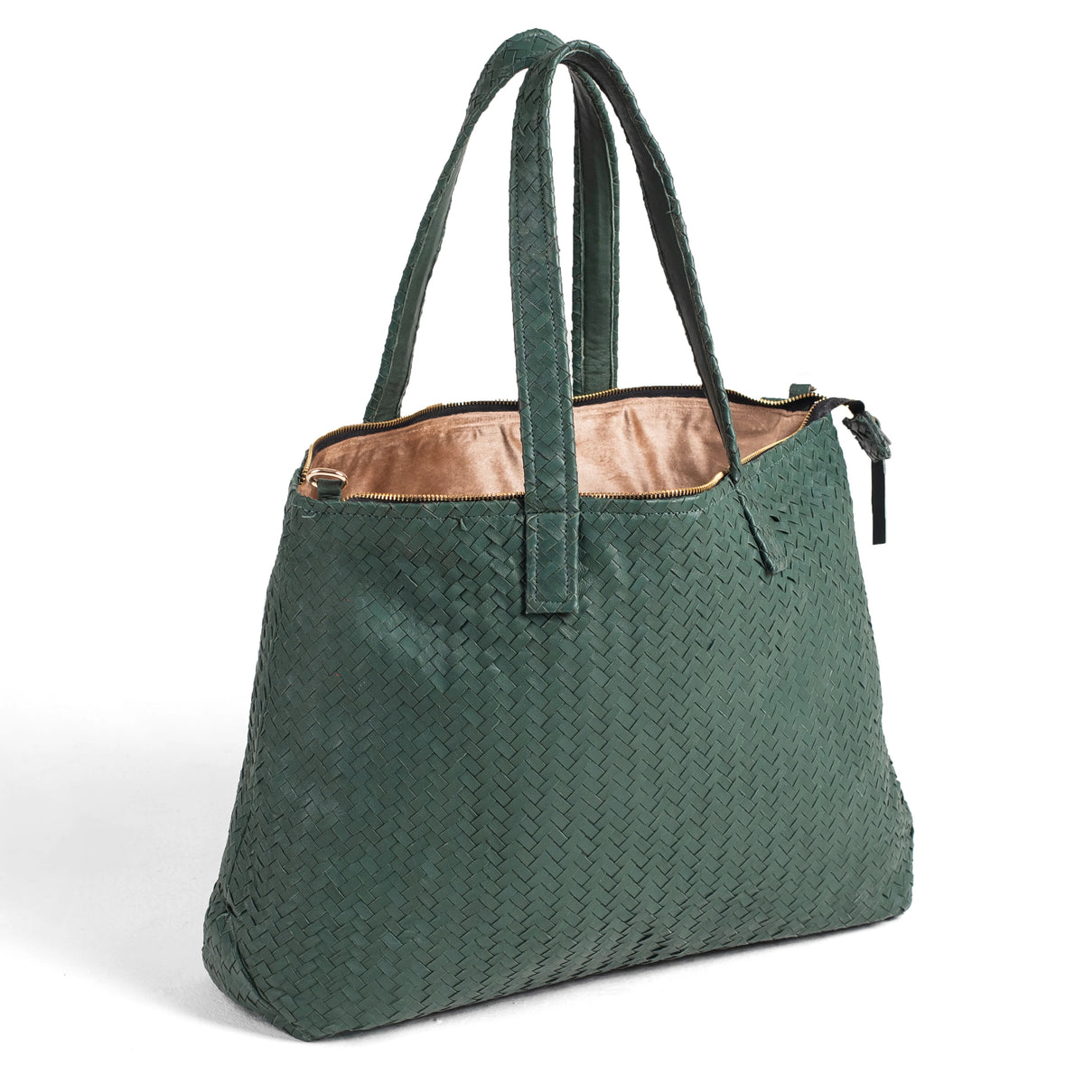 Handmade Woven Original Leather Bag With Zipper-Green