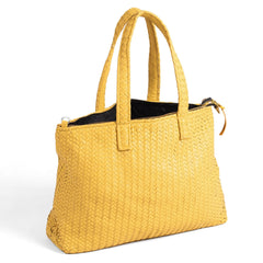 Handmade Woven Original Leather Bag With Zipper-Yellow