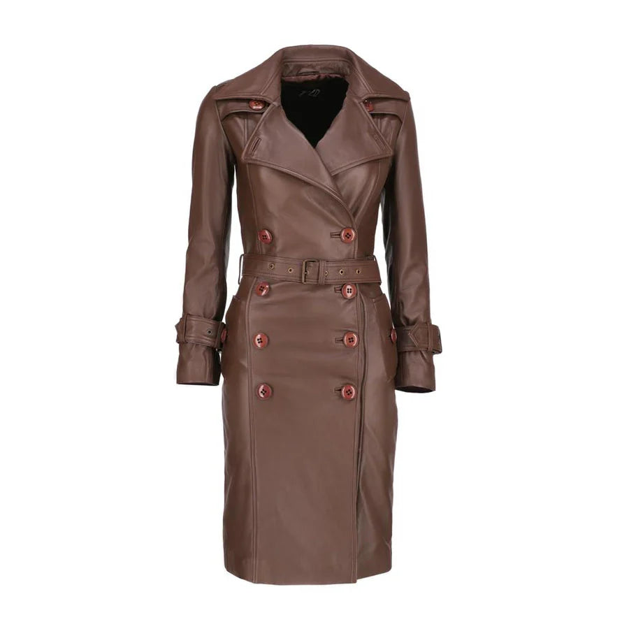 Women 's Double Breasted Brown Leather Trench Coat