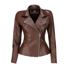 Women's Asymmetrical Biker Brown Leather Jacket