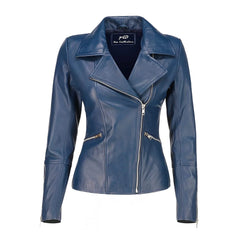 Women's Asymmetrical Biker Blue Leather Jacket