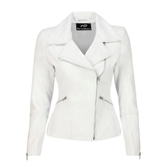 Women's Asymmetrical Biker White Leather Jacket