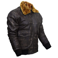 Men's Bomber Style Aviator Fur Collar Leather Jacket