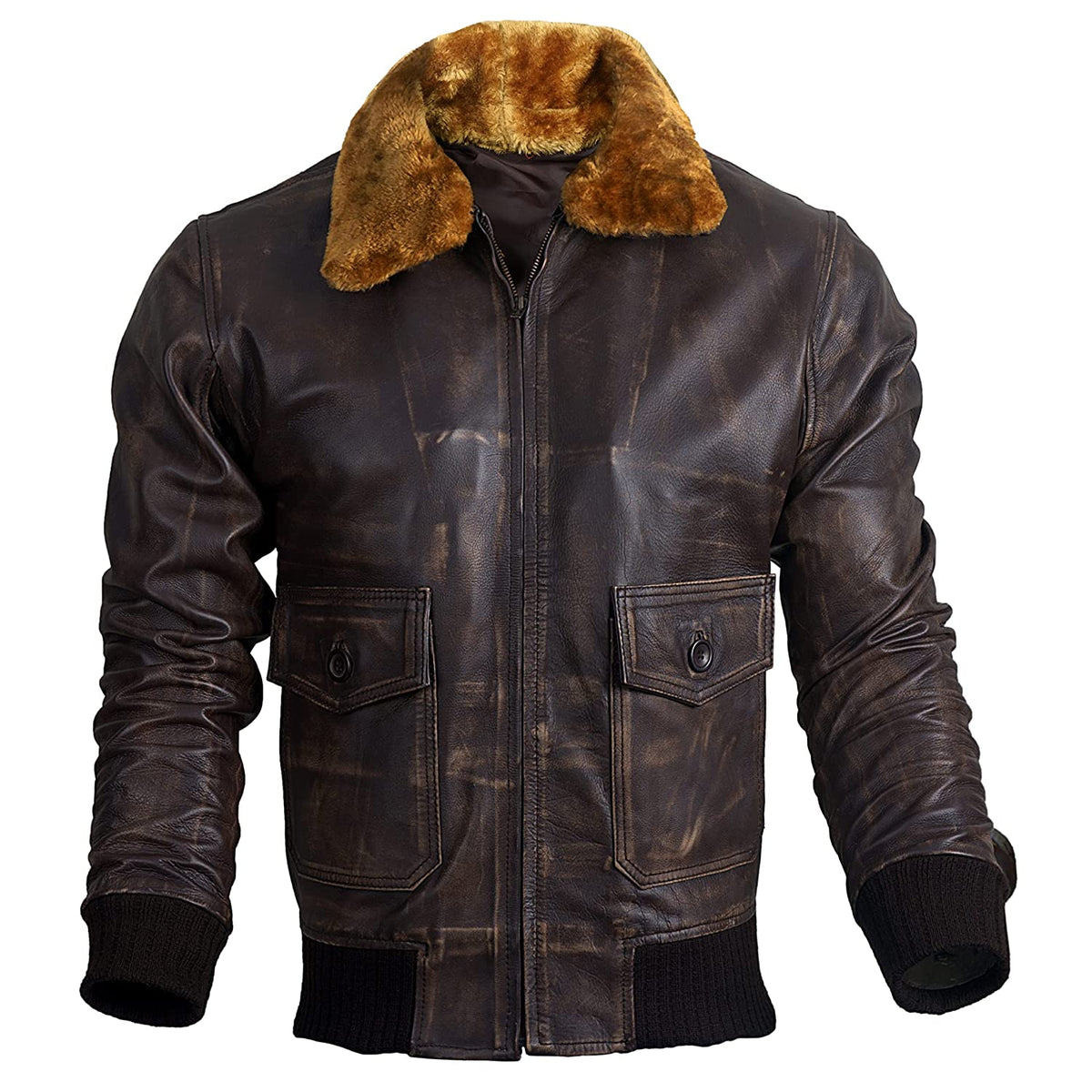 Men's Bomber Style Aviator Fur Collar Leather Jacket