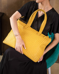 Handmade Woven Original Leather Bag With Zipper-Yellow