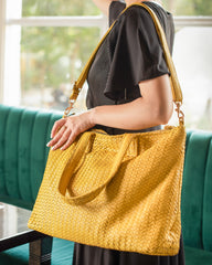 Handmade Woven Original Leather Bag With Zipper-Yellow