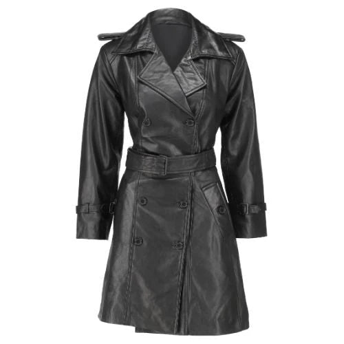 Women 's Double Breasted Black Leather Trench Coat