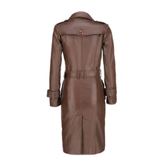 Women 's Double Breasted Brown Leather Trench Coat