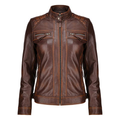 Café Racer Leather Jacket Women - Zip Up Moto Biker Style Casual Fashion Real Lambskin Women's Leather Jacket