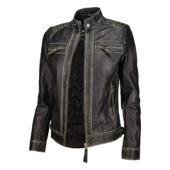 Café Racer Leather Jacket Women - Zip Up Moto Biker Style Casual Fashion Real Lambskin Women's Leather Jacket